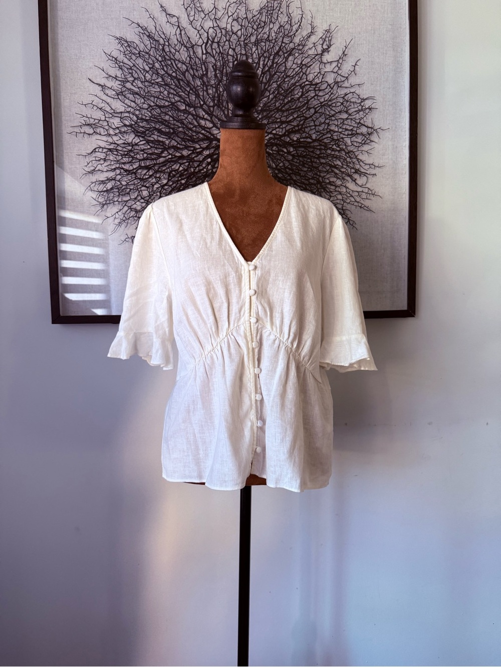Madewell White V-Neck Button-Front Peplum Blouse